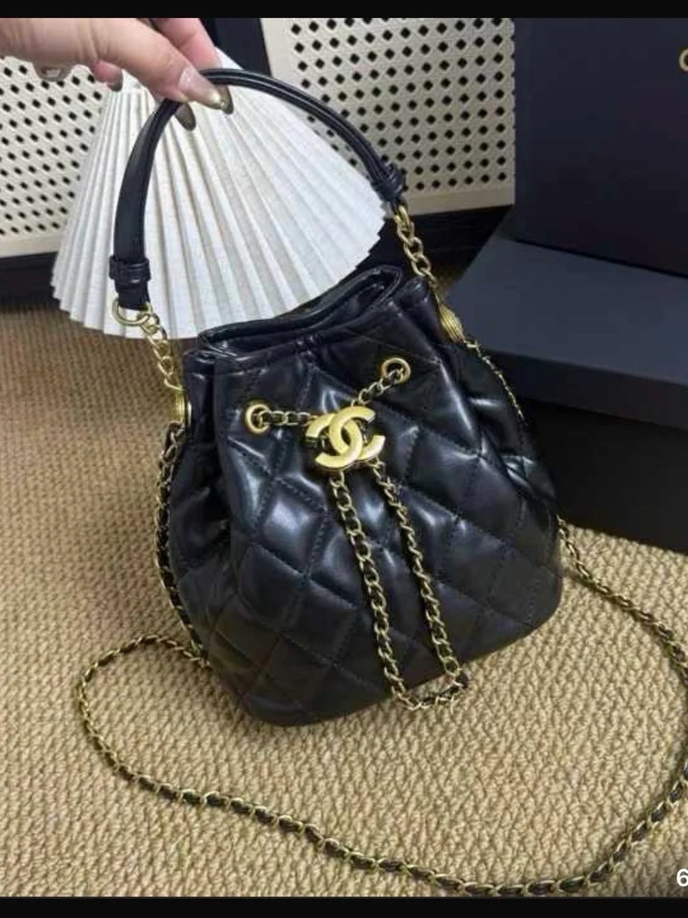 Chanel Black Quilted Leather Bucket Bag with Gold Chain